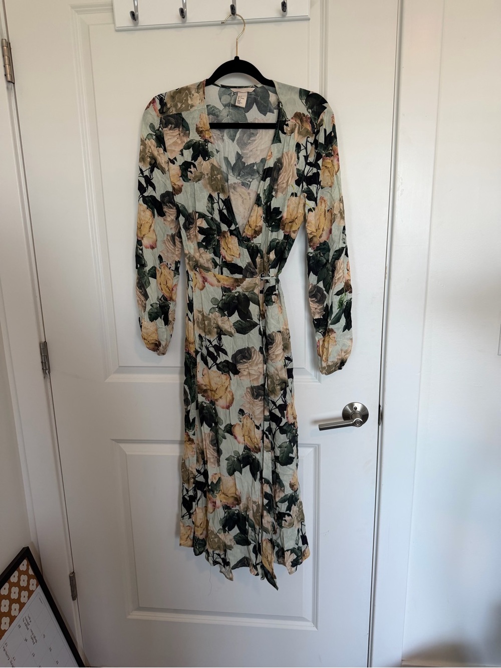 H&M Floral Wrap Midi Dress in Cream, Yellow & Green